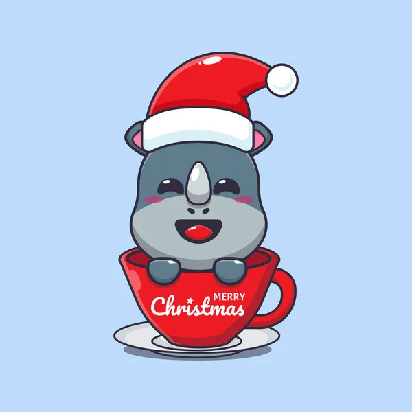 カップにサンタの帽子をかぶっているかわいいライノ かわいいクリスマス漫画キャラクターイラスト — ストックベクタ