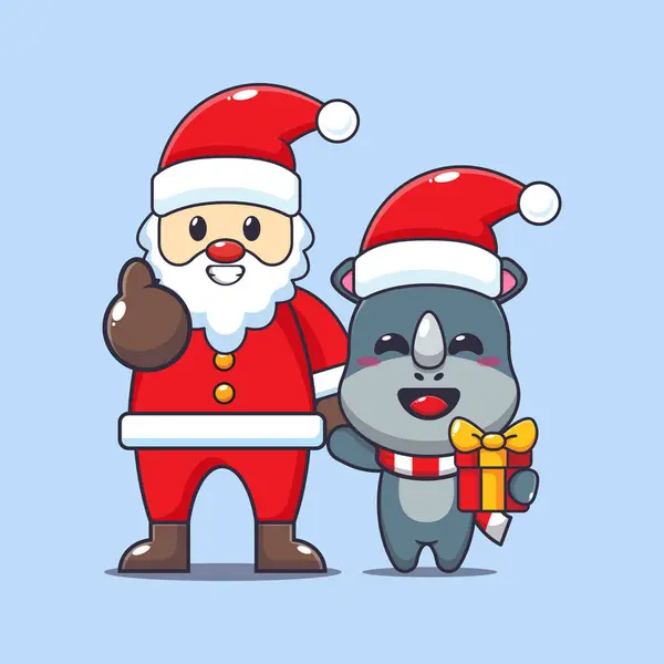 Roztomilý Nosorožec Santa Clausem Roztomilé Vánoční Kreslené Postavičky Ilustrace — Stockový vektor