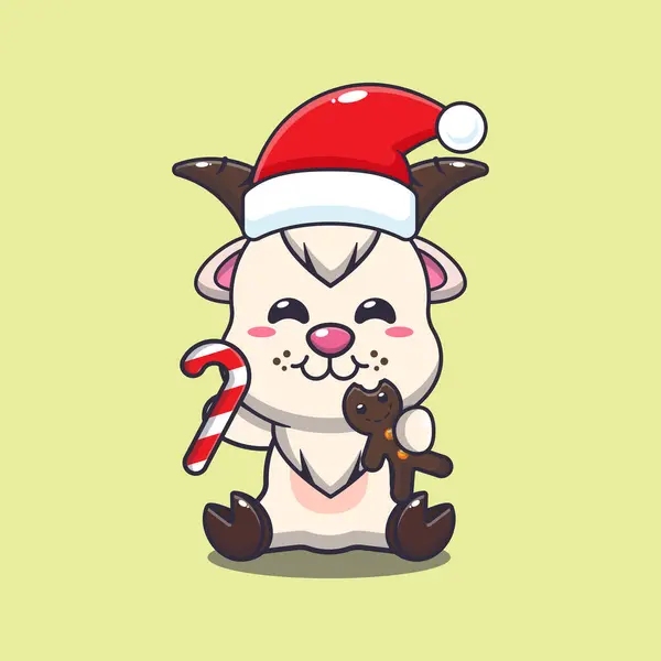 Niedliche Ziege Essen Weihnachtsplätzchen Und Süßigkeiten Niedliche Weihnachten Cartoon Figur — Stockvektor