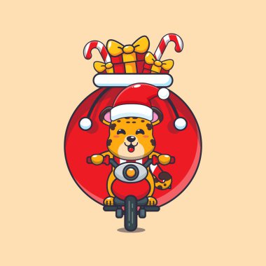 Motosikletli şirin leopar noel hediyesi taşıyor. Sevimli noel çizgi film karakteri çizimi. 