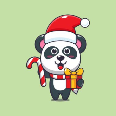 Noel şekeri ve hediye taşıyan şirin bir panda. Sevimli noel çizgi film karakteri çizimi. 