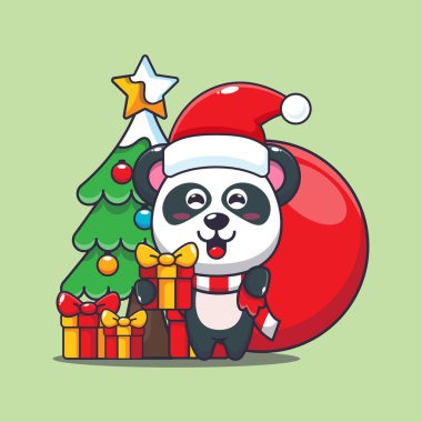 Noel hediyesi taşıyan şirin bir panda. Sevimli noel çizgi film karakteri çizimi. 