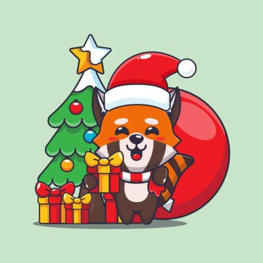 Noel hediyesi taşıyan sevimli kırmızı panda. Sevimli noel çizgi film karakteri çizimi. 