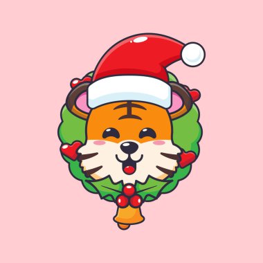 Noel gününde şirin bir kaplan. Sevimli noel çizgi film karakteri çizimi. 