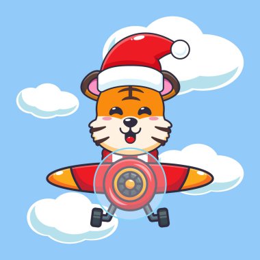 Noel Baba şapkalı şirin kaplan uçakla uçuyor. Sevimli noel çizgi film karakteri çizimi. 