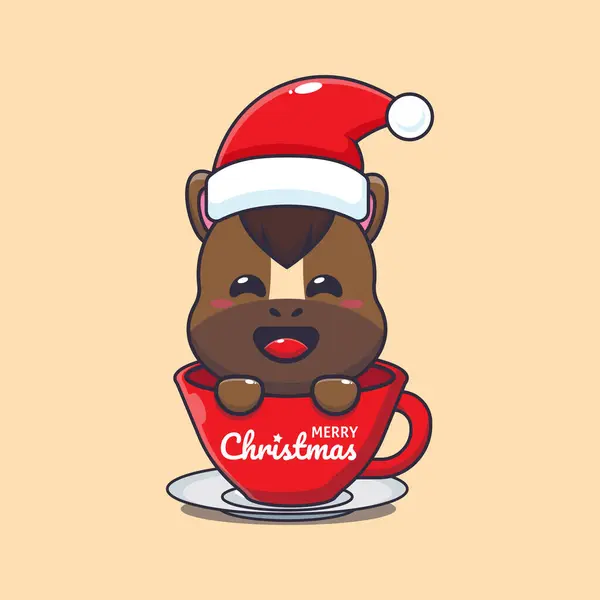 Mignon Cheval Portant Chapeau Père Noël Dans Tasse Jolie Illustration — Image vectorielle