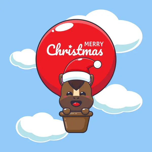 可爱的马带着气球飞 可爱的圣诞卡通人物插图 — 图库矢量图片