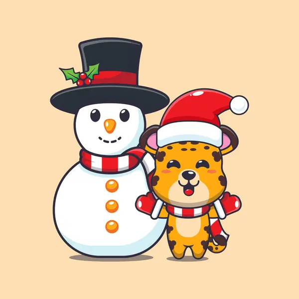 Cute Leopard Playing Snowman Cute Christmas Cartoon Character Illustration — Stock Vector