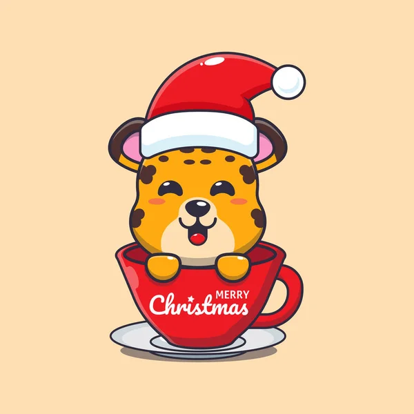 Cute Leopard Wearing Santa Hat Cup Cute Christmas Cartoon Character — Stock Vector