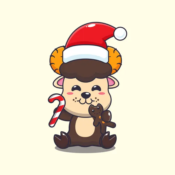Cute Ram Sheep Eating Christmas Cookies Candy Cute Christmas Cartoon — Stock Vector