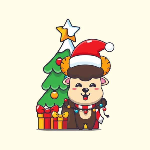 Cute Ram Sheep Christmast Lamp Cute Christmas Cartoon Character Illustration — Stock Vector