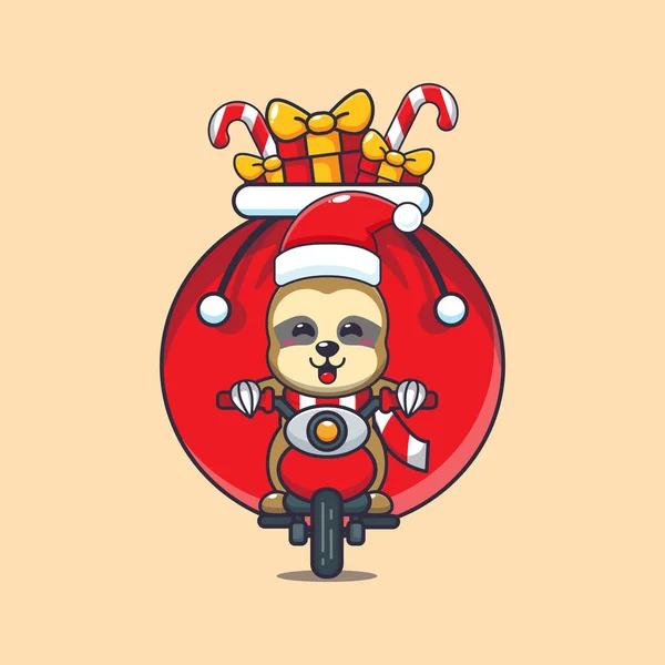 Preguiça Bonito Carregando Presente Natal Com Motocicleta Bonito Natal Desenho — Vetor de Stock