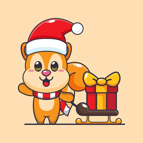 Leuke Eekhoorn Met Kerst Geschenkdoos Leuke Kerst Cartoon Karakter Illustratie — Stockvector