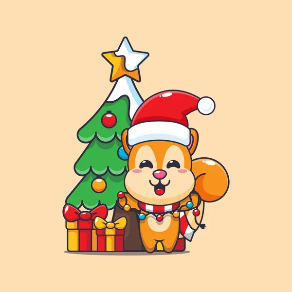 Słodka Wiewiórka Lampą Świąteczną Cute Christmas Postać Kreskówki Ilustracja — Wektor stockowy