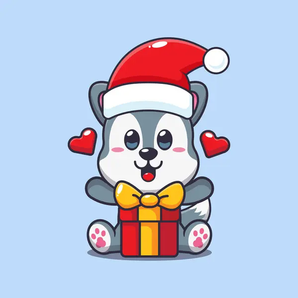 Cute Wolf Christmas Gift Cute Christmas Cartoon Character Illustration — Stock Vector