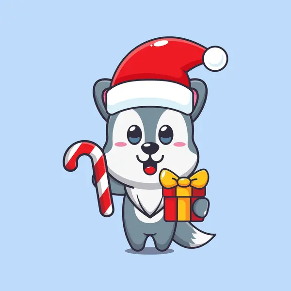 Cute Wolf Holding Christmas Candy Gift Cute Christmas Cartoon Character — Stock Vector