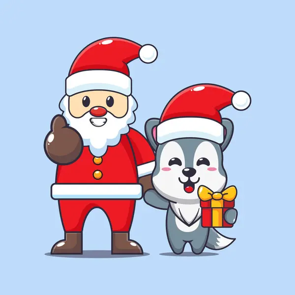 可爱的狼与桑塔爪 可爱的圣诞卡通人物插图 — 图库矢量图片