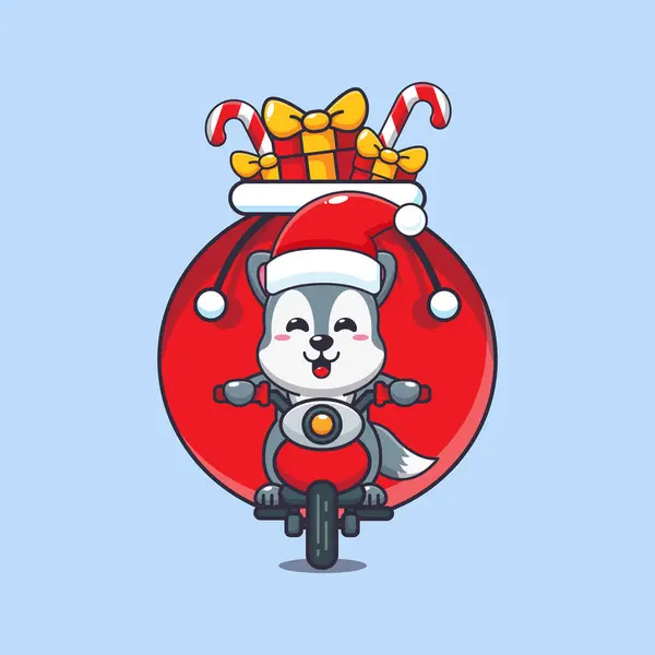 Niedliche Wolf Trägt Weihnachtsgeschenk Mit Motorrad Niedliche Weihnachten Cartoon Figur — Stockvektor