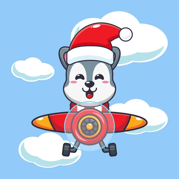 Cute Wolf Wearing Santa Hat Flying Plane Cute Christmas Cartoon — Stock Vector