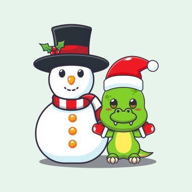 Şirin dino Kardan Adam 'la oynuyor. Sevimli noel çizgi film karakteri çizimi. 