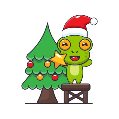 Noel ağacından yıldız alan sevimli kurbağa. Sevimli noel çizgi film karakteri çizimi. 