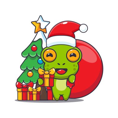 Noel hediyesi taşıyan sevimli kurbağa. Sevimli noel çizgi film karakteri çizimi. 
