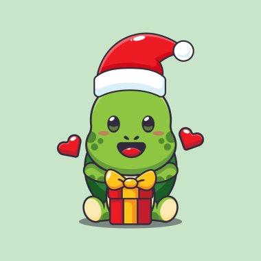Noel hediyeli şirin kaplumbağa. Sevimli noel çizgi film karakteri çizimi. 