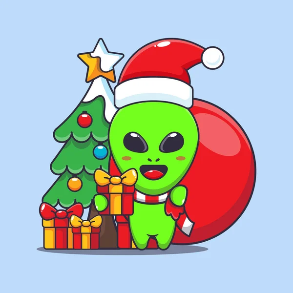 Cute Alien Carrying Christmas Gift Cute Christmas Cartoon Character Illustration — Stock Vector