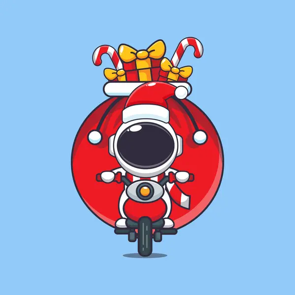 Mignon Astronaute Portant Cadeau Noël Avec Moto Jolie Illustration Personnage — Image vectorielle