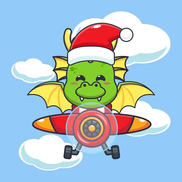 Lindo Dragón Con Sombrero Santa Volando Con Avión Lindo Personaje — Archivo Imágenes Vectoriales