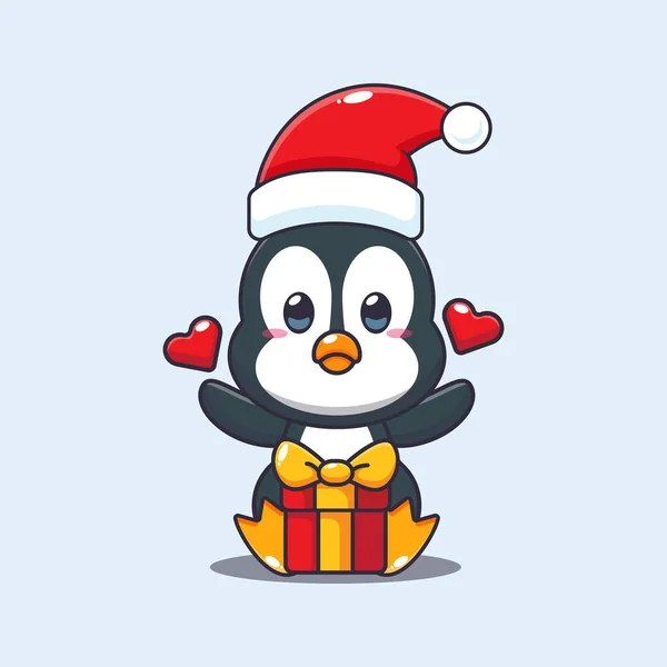 Милый Пингвин Рождественским Подарком Симпатичная Рождественская Иллюстрация Персонажей Мультфильмов — стоковый вектор