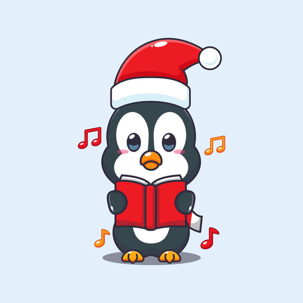 Cute penguin sing a christmas song. Cute christmas cartoon character illustration. 