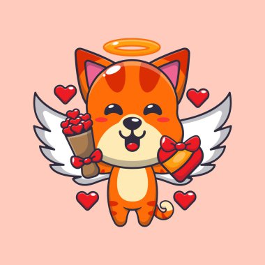 Sevimli kedi sevdalısı çizgi film karakteri elinde aşk hediyesi ve aşk buketi tutuyor..