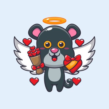 Sevimli panter aşkı çizgi film karakteri elinde aşk hediyesi ve aşk buketi tutuyor.. 