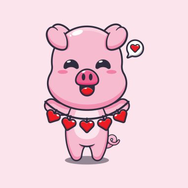 Sevimli domuz çizgi film karakteri elinde aşk süsü tutuyor.. 