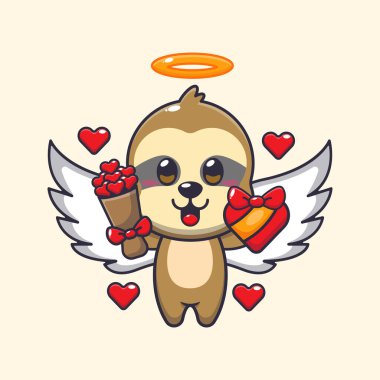 Sevimli tembel hayvan çizgi film karakteri elinde aşk hediyesi ve aşk buketi tutuyor..