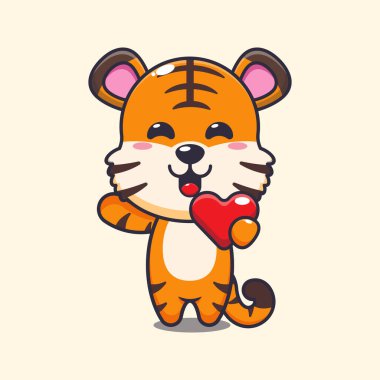 Sevgililer Günü 'nde kalbi olan sevimli kaplan çizgi film karakteri..