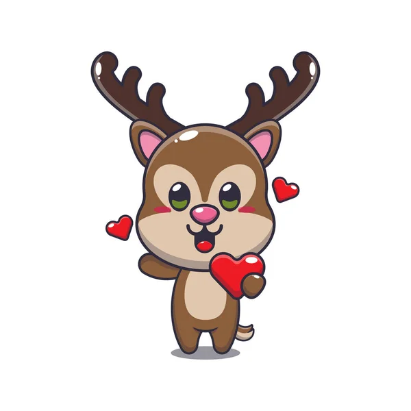 バレンタインデーに愛の心を保持するかわいい鹿の漫画キャラクター — ストックベクタ