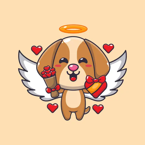 Cão Bonito Personagem Desenho Animado Cupido Segurando Presente Amor Buquê — Vetor de Stock