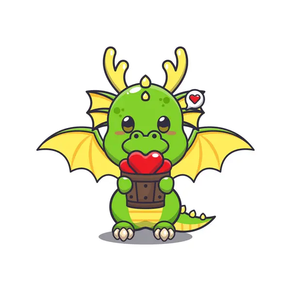 木製バケツに愛を保持するかわいいドラゴン漫画のキャラクター — ストックベクタ
