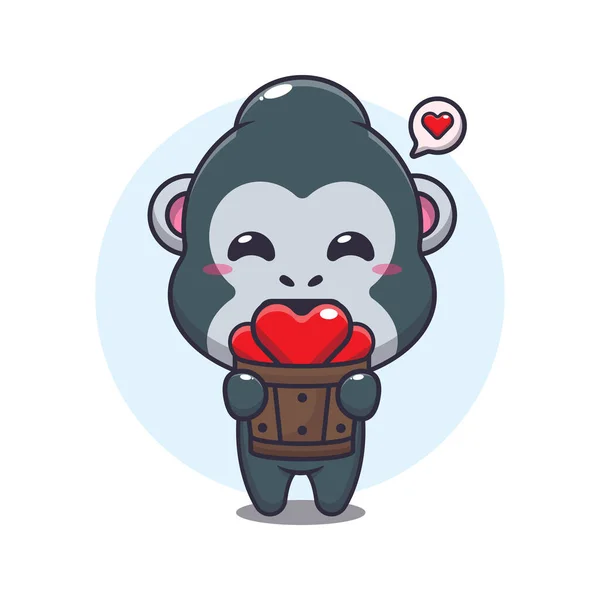 Cute Gorilla Cartoon Character Holding Love Wood Bucket — Stock Vector