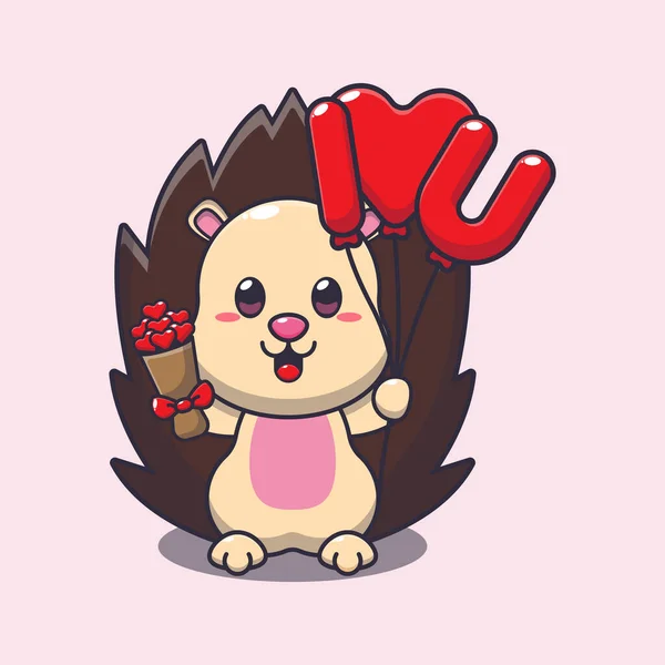 Cute Hedgehog Cartoon Character Holding Love Balloon Love Flowers — Stock Vector