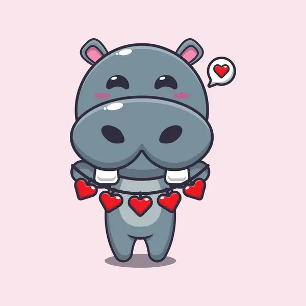 Cute Hipopotama Postać Kreskówki Gospodarstwa Dekoracji Miłości — Wektor stockowy
