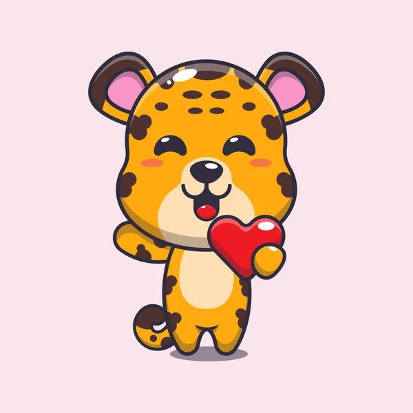 Cute Leopard Cartoon Character Holding Love Heart Valentine Day — Stock Vector