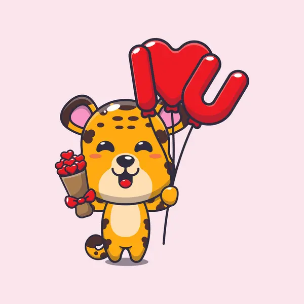 Cute Leopard Cartoon Character Holding Love Balloon Love Flowers — Stock Vector