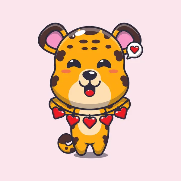 Cute Leopard Cartoon Character Holding Love Decoration — Stock Vector