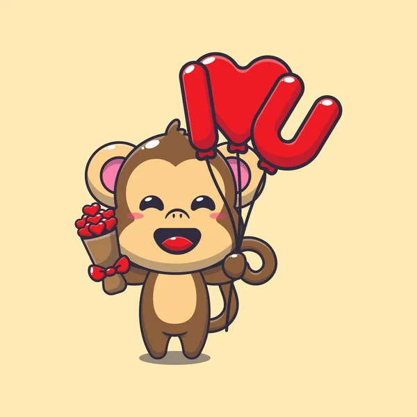 Cute Monkey Cartoon Character Holding Love Balloon Love Flowers — Stock Vector
