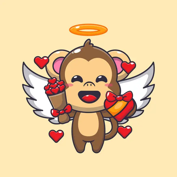 Cute Monkey Cupid Cartoon Character Holding Love Gift Love Bouquet — Stock Vector