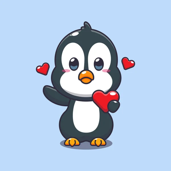 Bonito Personagem Desenho Animado Pinguim Segurando Coração Amor Dia Dos — Vetor de Stock