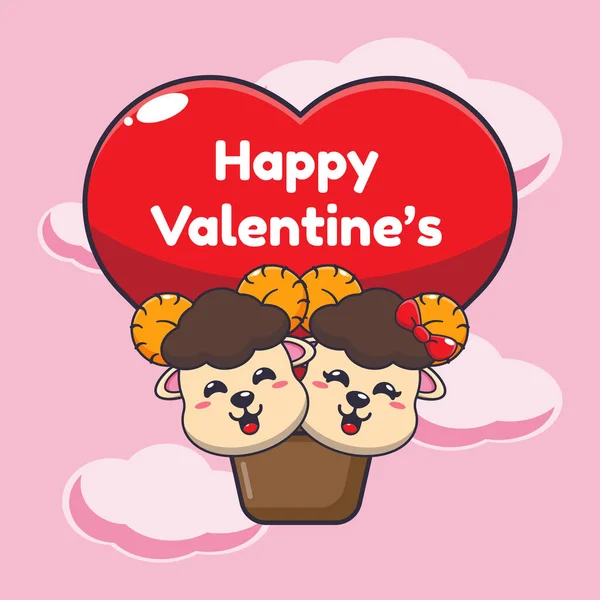 Cute Ram Sheep Cartoon Character Fly Air Balloon Valentine Day — Stock Vector